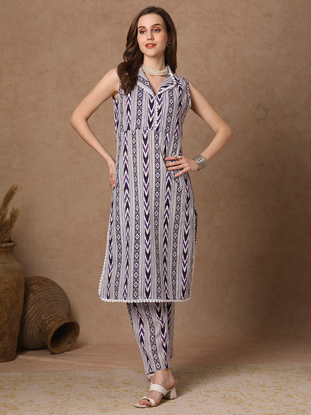 Ethnic Stripes Printed Straight Fit Co-ord Set - Purple