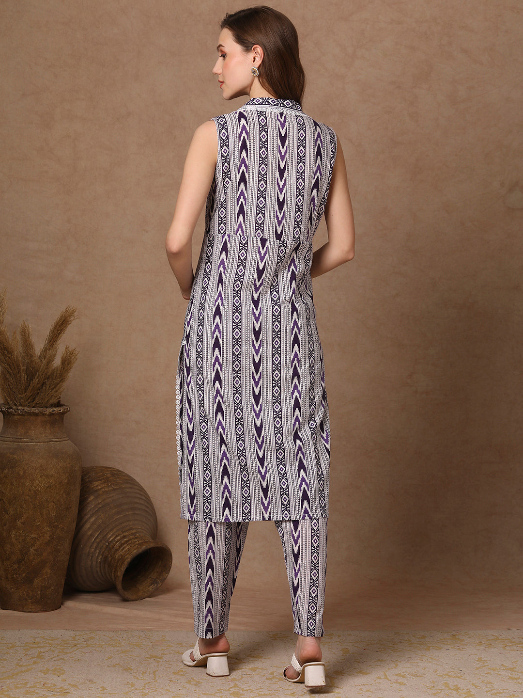 Ethnic Stripes Printed Straight Fit Co-ord Set - Purple