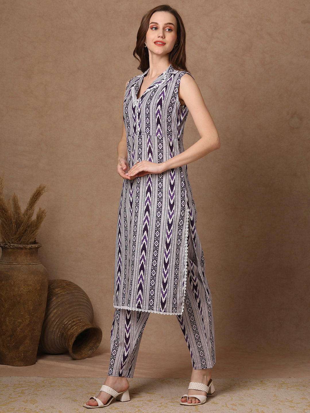 Ethnic Stripes Printed Straight Fit Co-ord Set - Purple