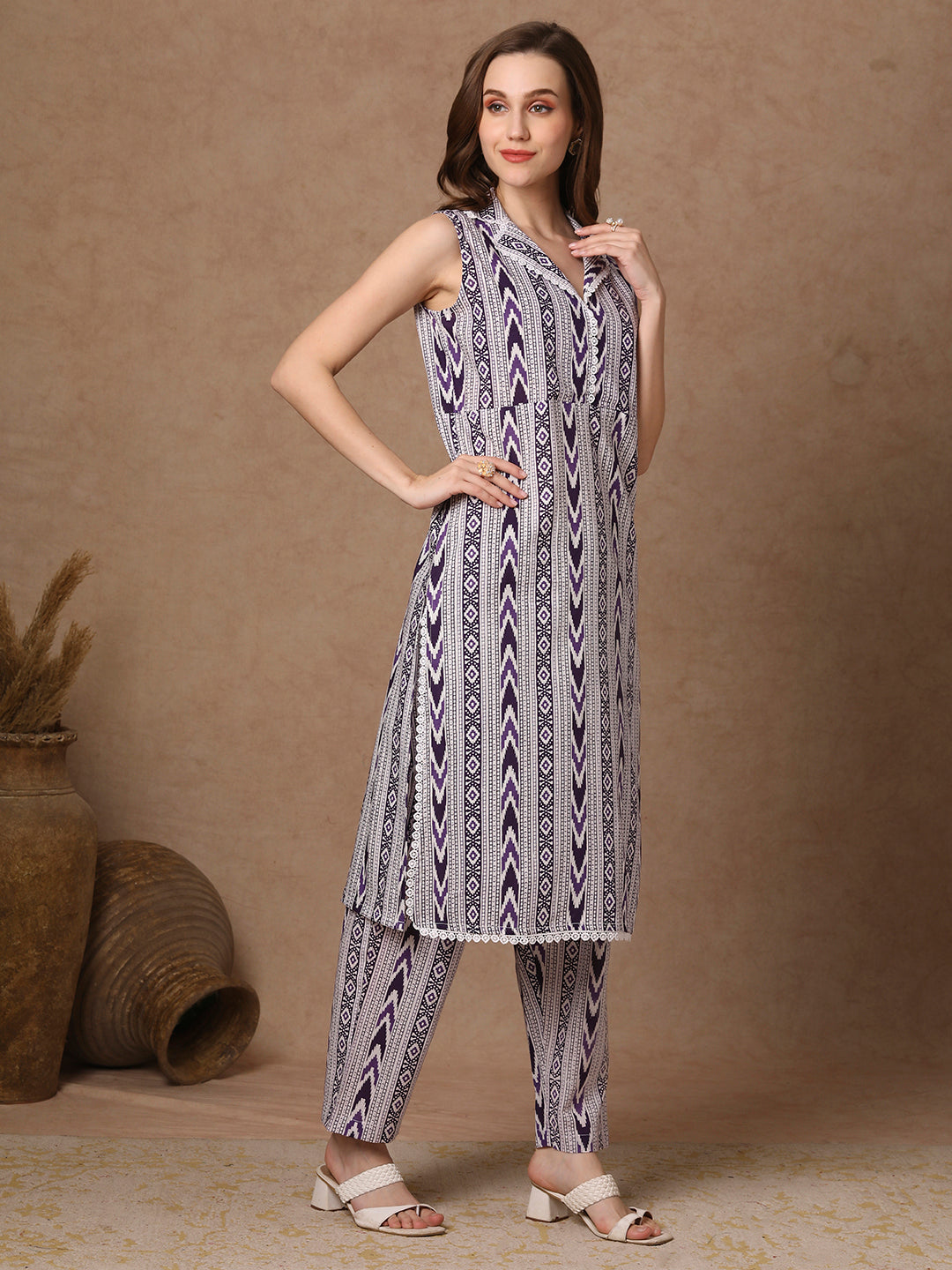 Ethnic Stripes Printed Straight Fit Co-ord Set - Purple