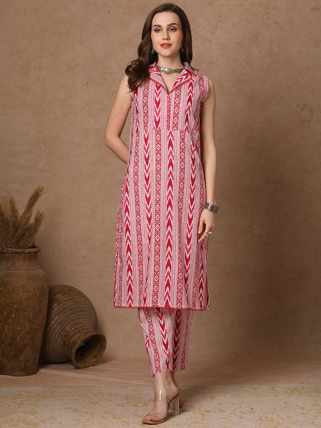Ethnic Stripes Printed Straight Fit Co-ord Set - Pink
