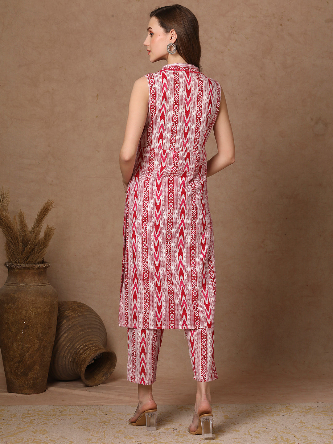 Ethnic Stripes Printed Straight Fit Co-ord Set - Pink