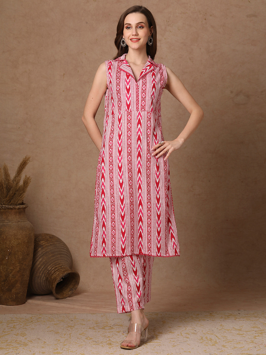 Ethnic Stripes Printed Straight Fit Co-ord Set - Pink