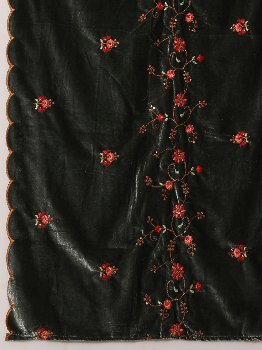 Solid Zari Embroidered Straight Velvet Kurta with Pant & Scalloped Dupatta - Green