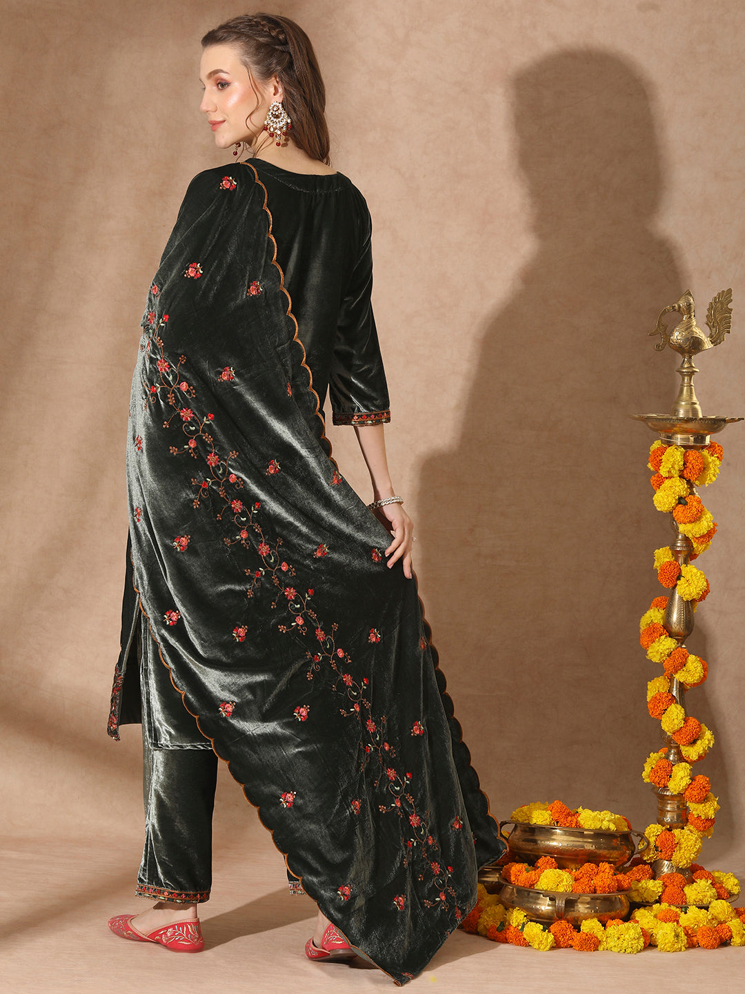 Solid Zari Embroidered Straight Velvet Kurta with Pant & Scalloped Dupatta - Green
