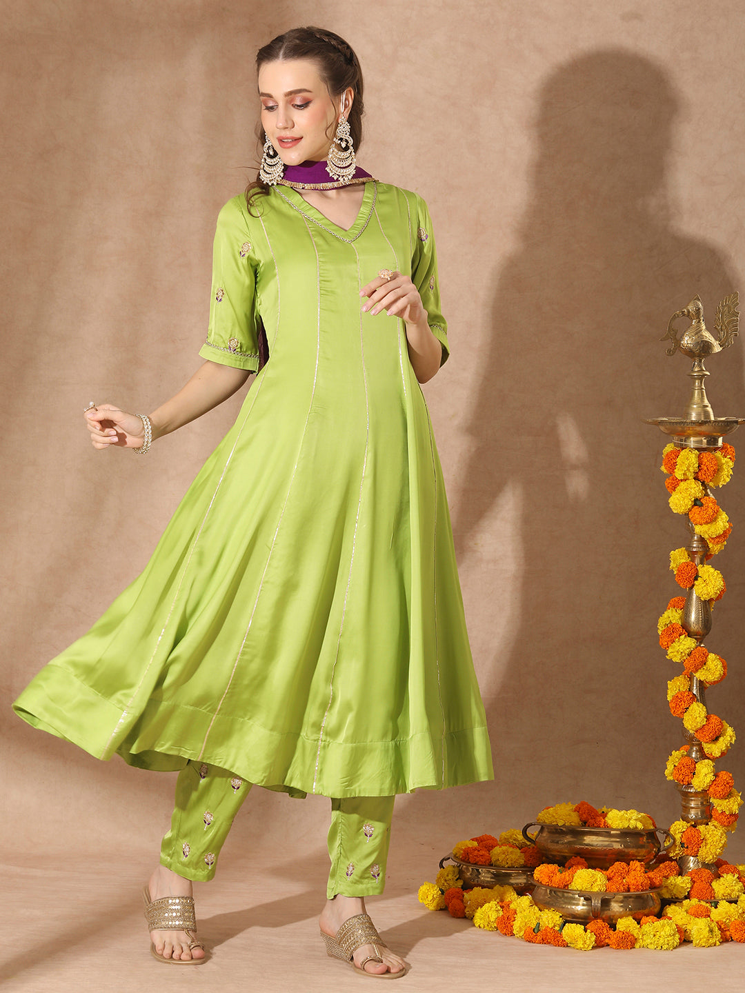 Solid Zari Embroidered Anarkali Kurta Set with Contrast Dupatta - Lime Green