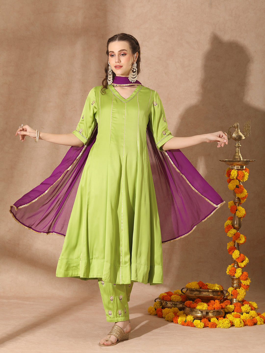 Solid Zari Embroidered Anarkali Kurta Set with Contrast Dupatta - Lime Green