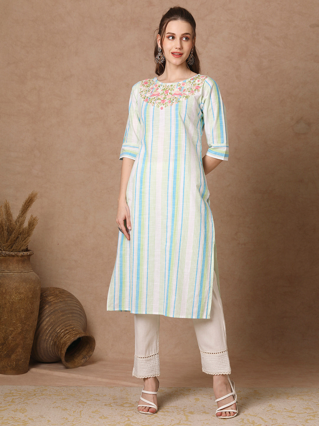 Woven Stripes & floral Hand EMbroidered Straight Fit Kurta - White