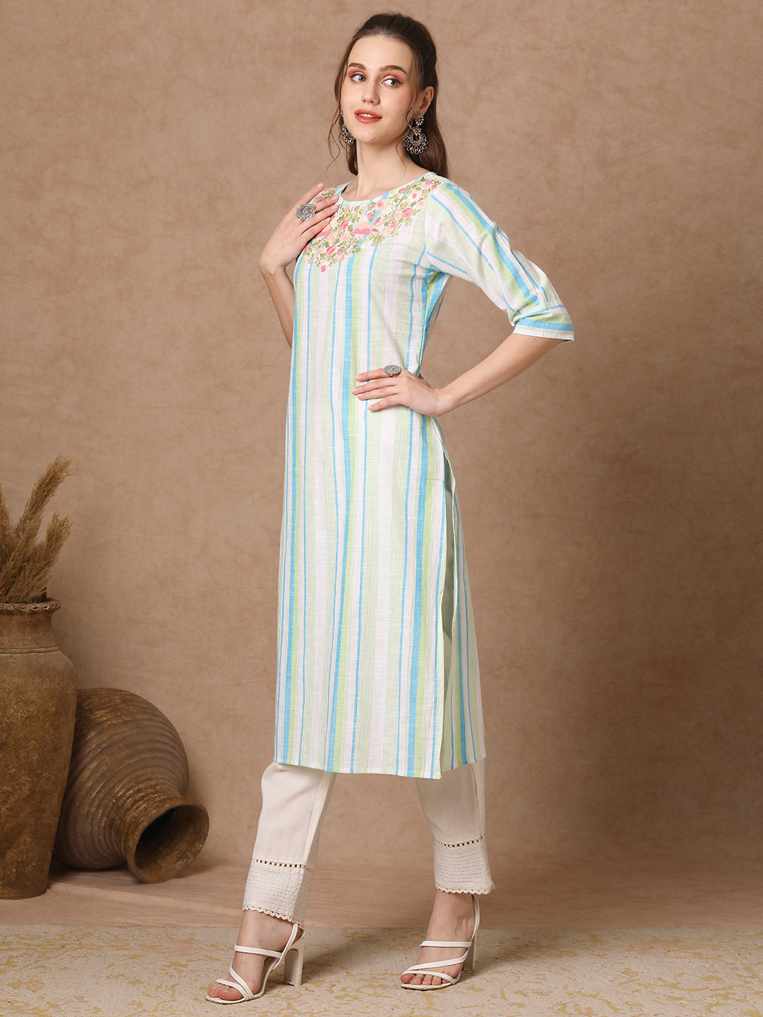 Woven Stripes & floral Hand EMbroidered Straight Fit Kurta - White