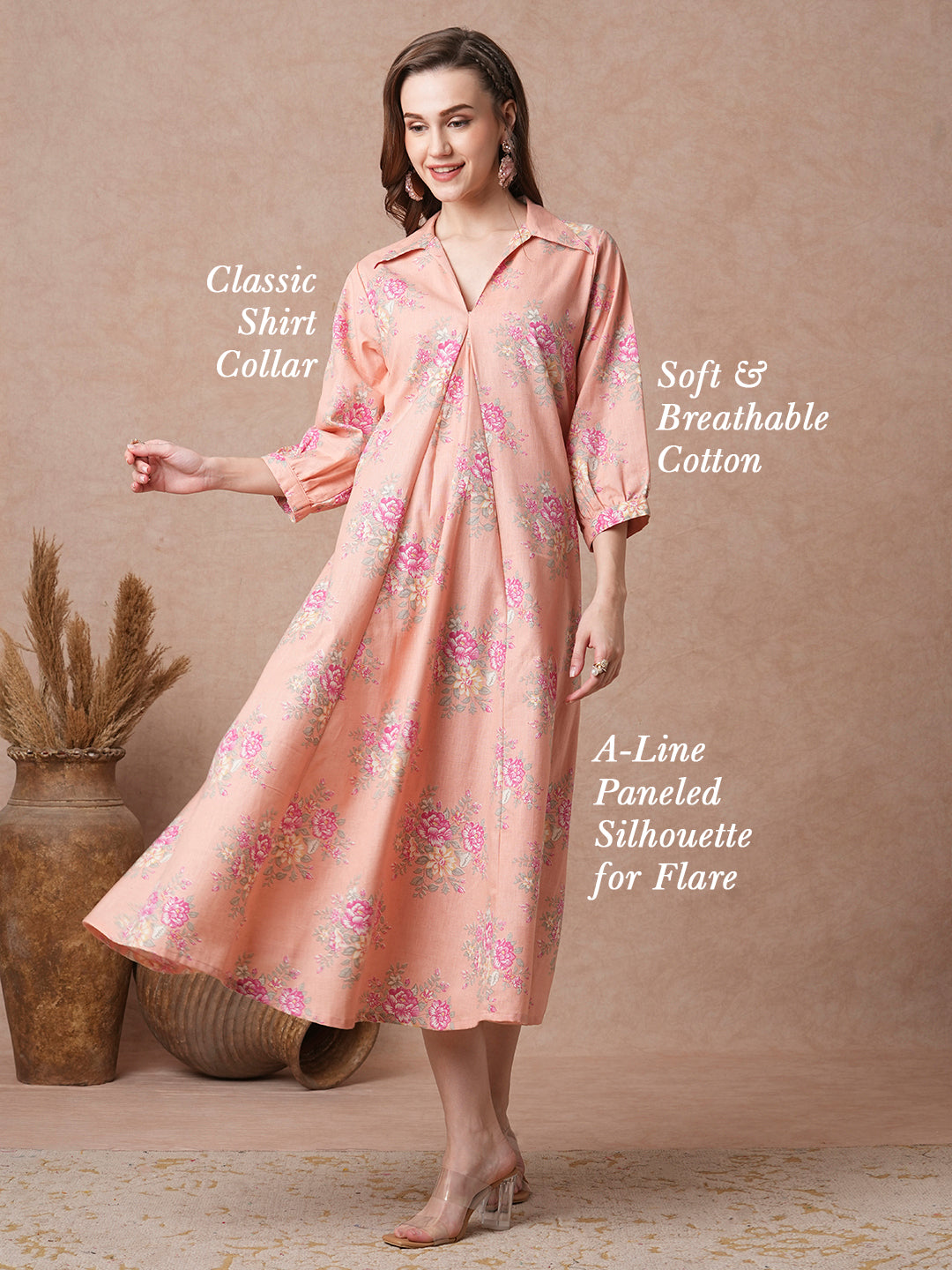 Ethnic Floral Printed A-Line Paneled Maxi Dress - Peach