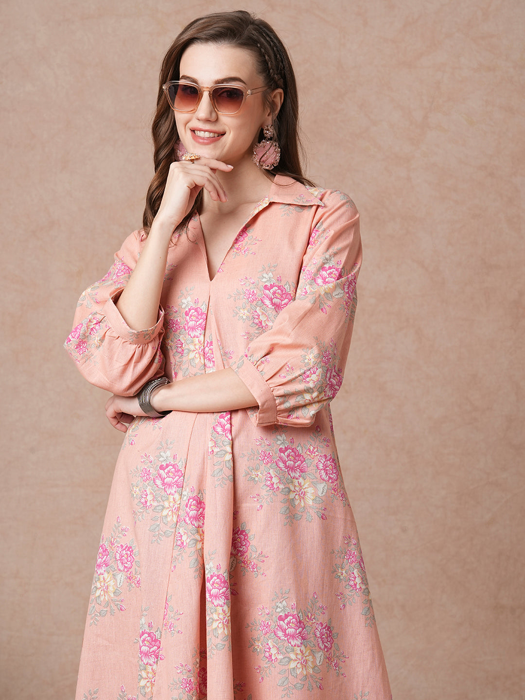 Ethnic Floral Printed A-Line Paneled Maxi Dress - Peach