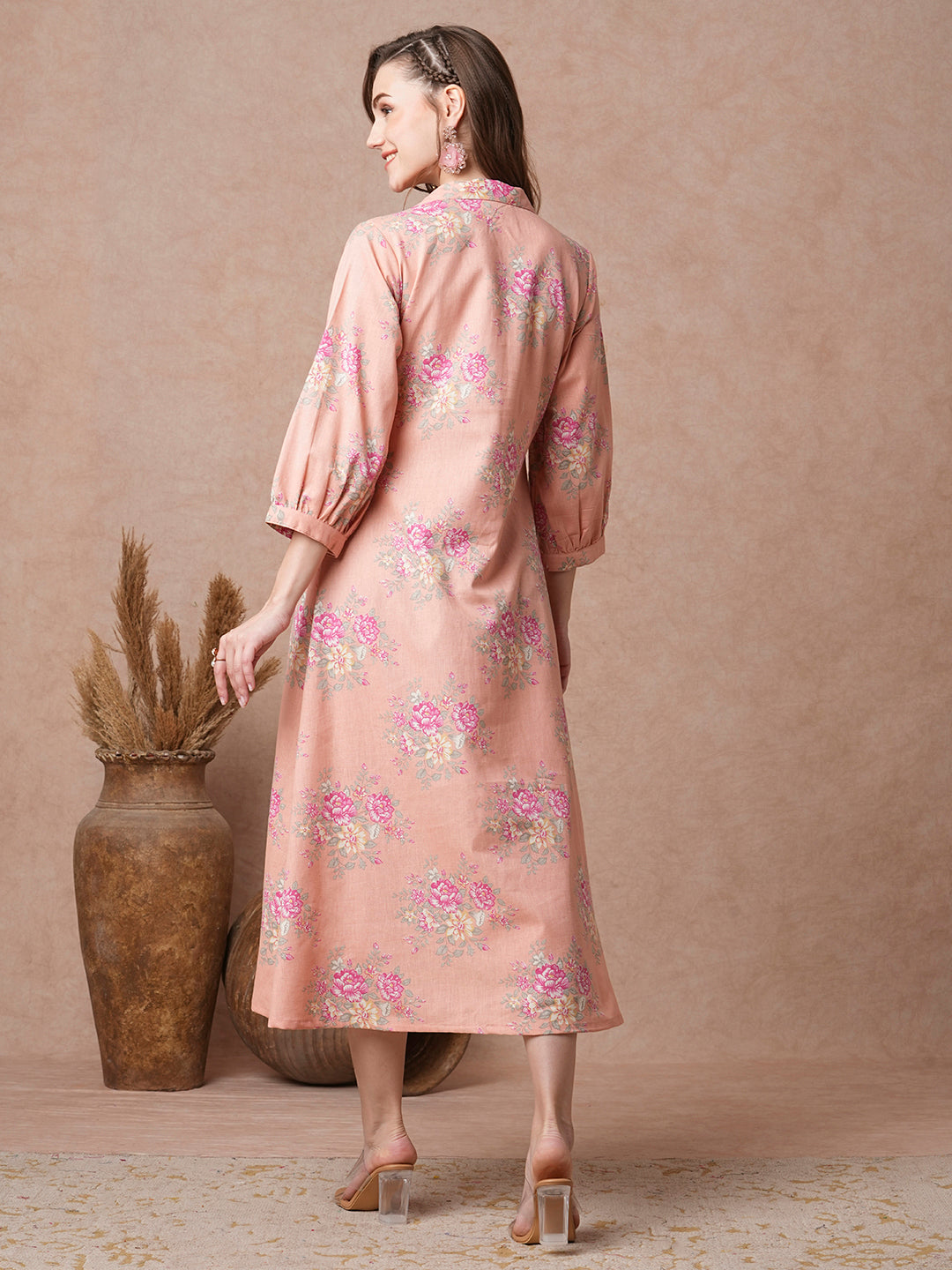 Ethnic Floral Printed A-Line Paneled Maxi Dress - Peach