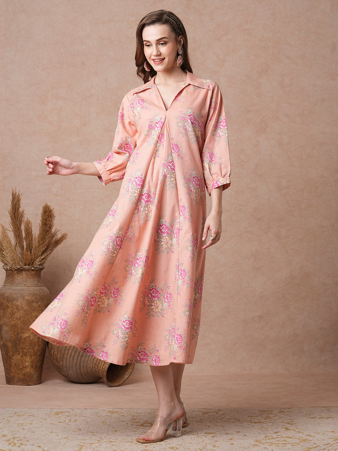 Ethnic Floral Printed A-Line Paneled Maxi Dress - Peach