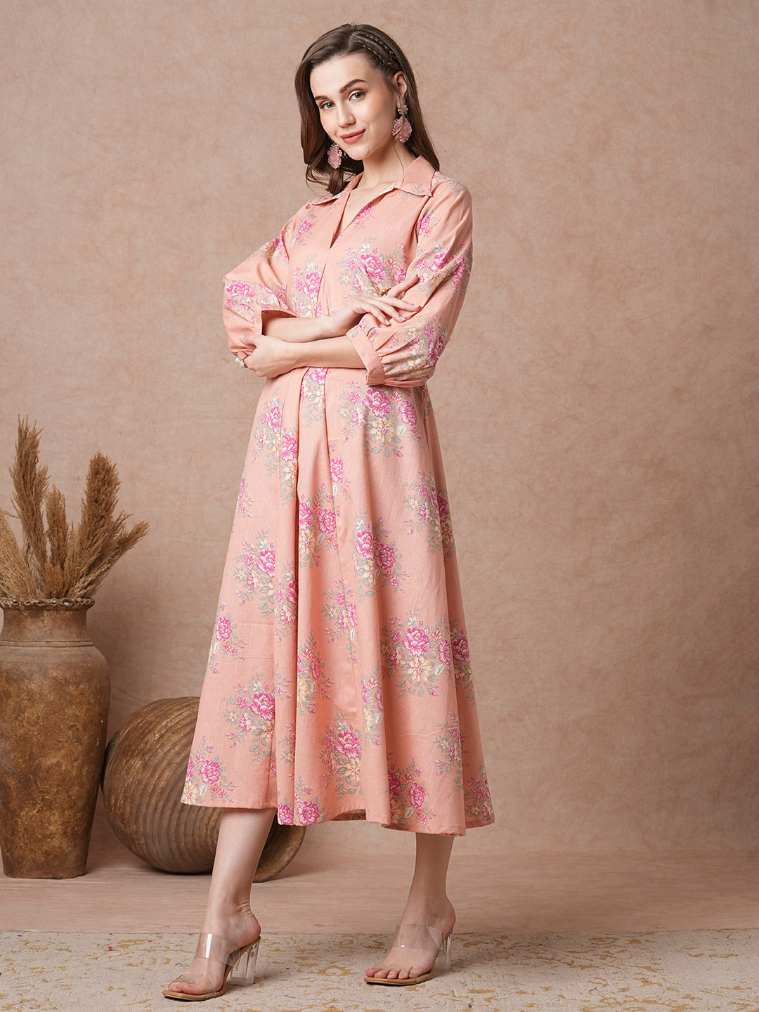 Ethnic Floral Printed A-Line Paneled Maxi Dress - Peach