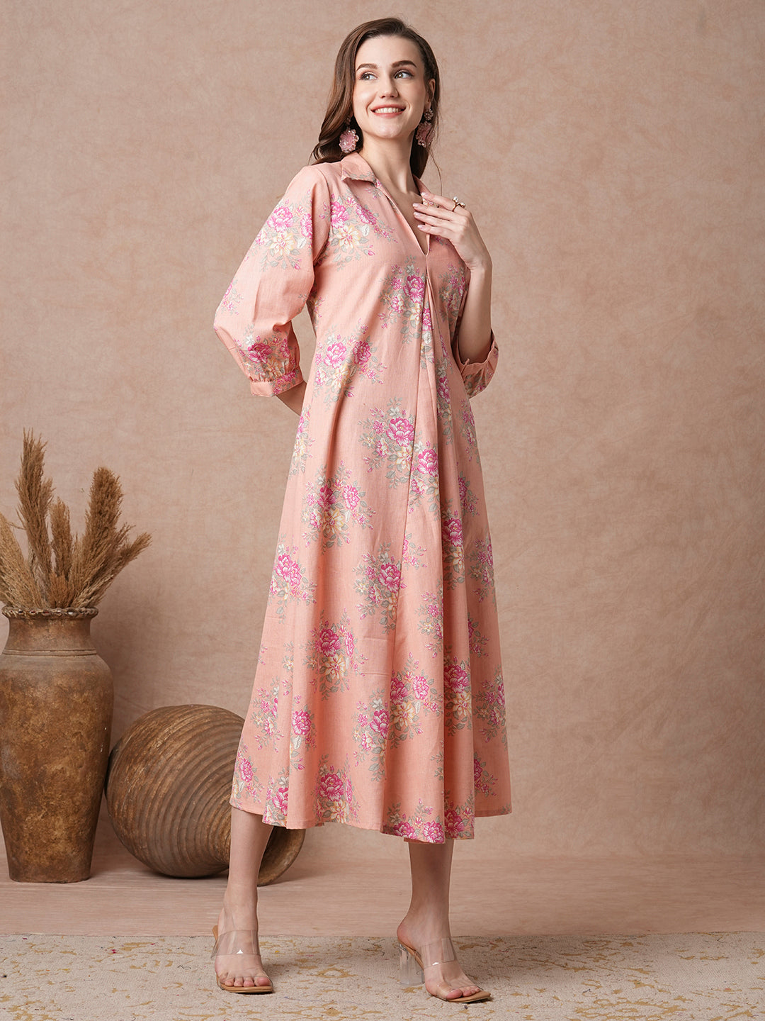 Ethnic Floral Printed A-Line Paneled Maxi Dress - Peach