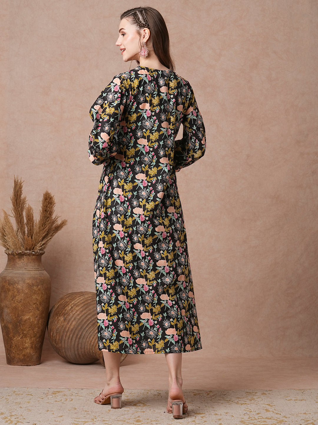 Ethnic Floral Printed A-Line Pleated Maxi Dress - Black