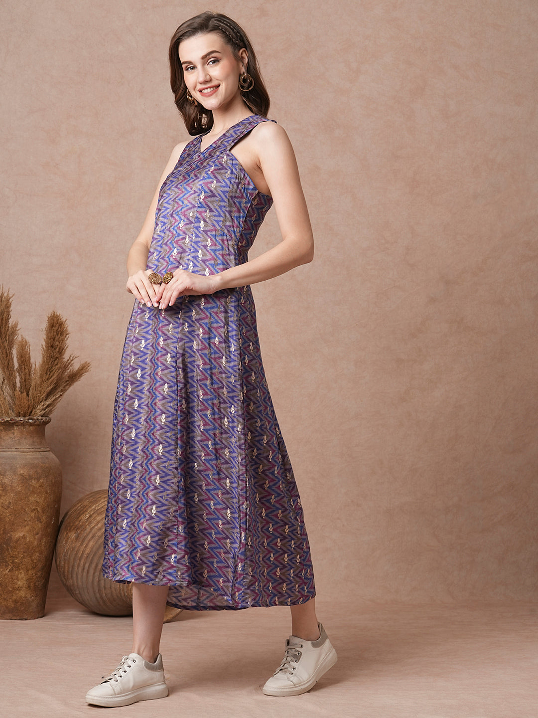 Ethnic Woven Ikat Printed A-Line Paneled Midi Dress - Blue