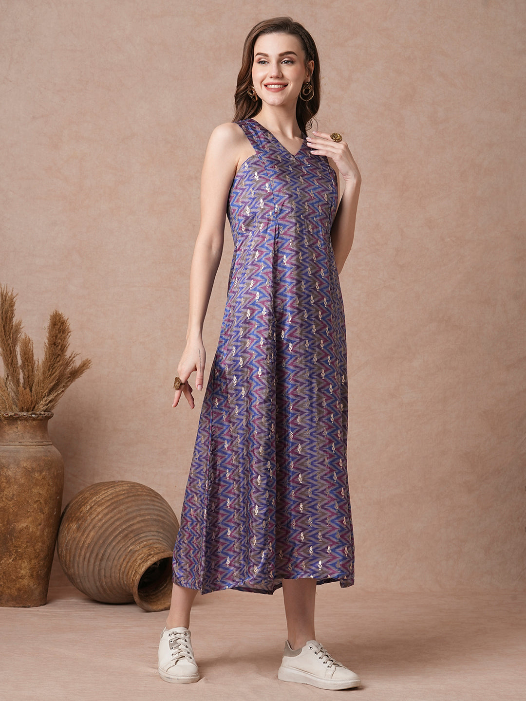 Ethnic Woven Ikat Printed A-Line Paneled Midi Dress - Blue