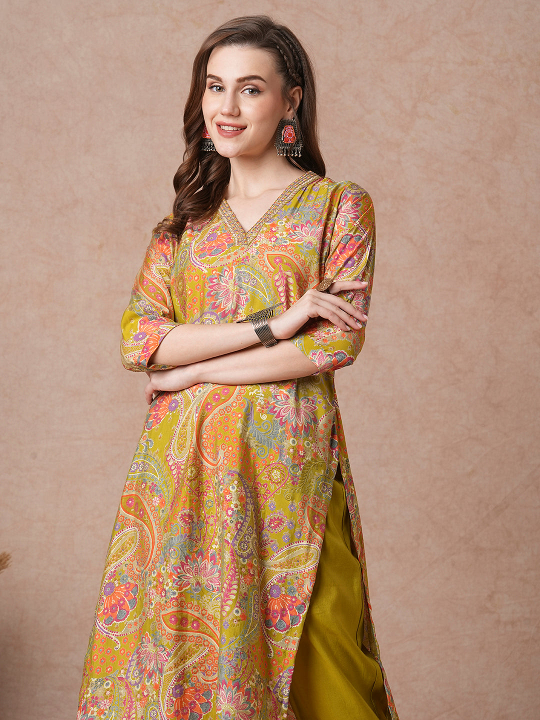 Ethnic Floral Foil Printed Straight Kurta with Pant - Lime Green