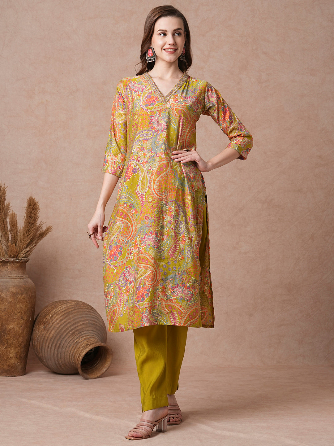 Ethnic Floral Foil Printed Straight Kurta with Pant - Lime Green