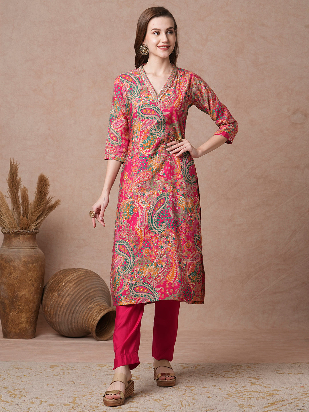 Ethnic Floral Printed Embroidered Straight Fit Kurta with Pant - Pink