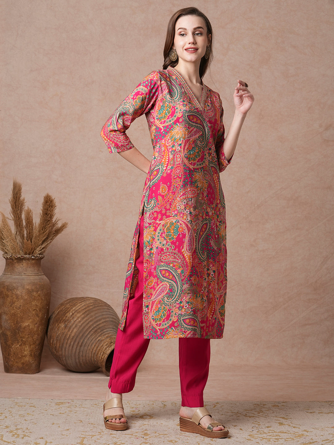 Ethnic Floral Printed Embroidered Straight Fit Kurta with Pant - Pink