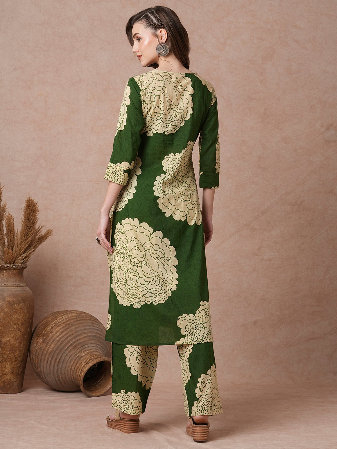 Abstract Floral Printed Straight Fit Co-ord Set - Green