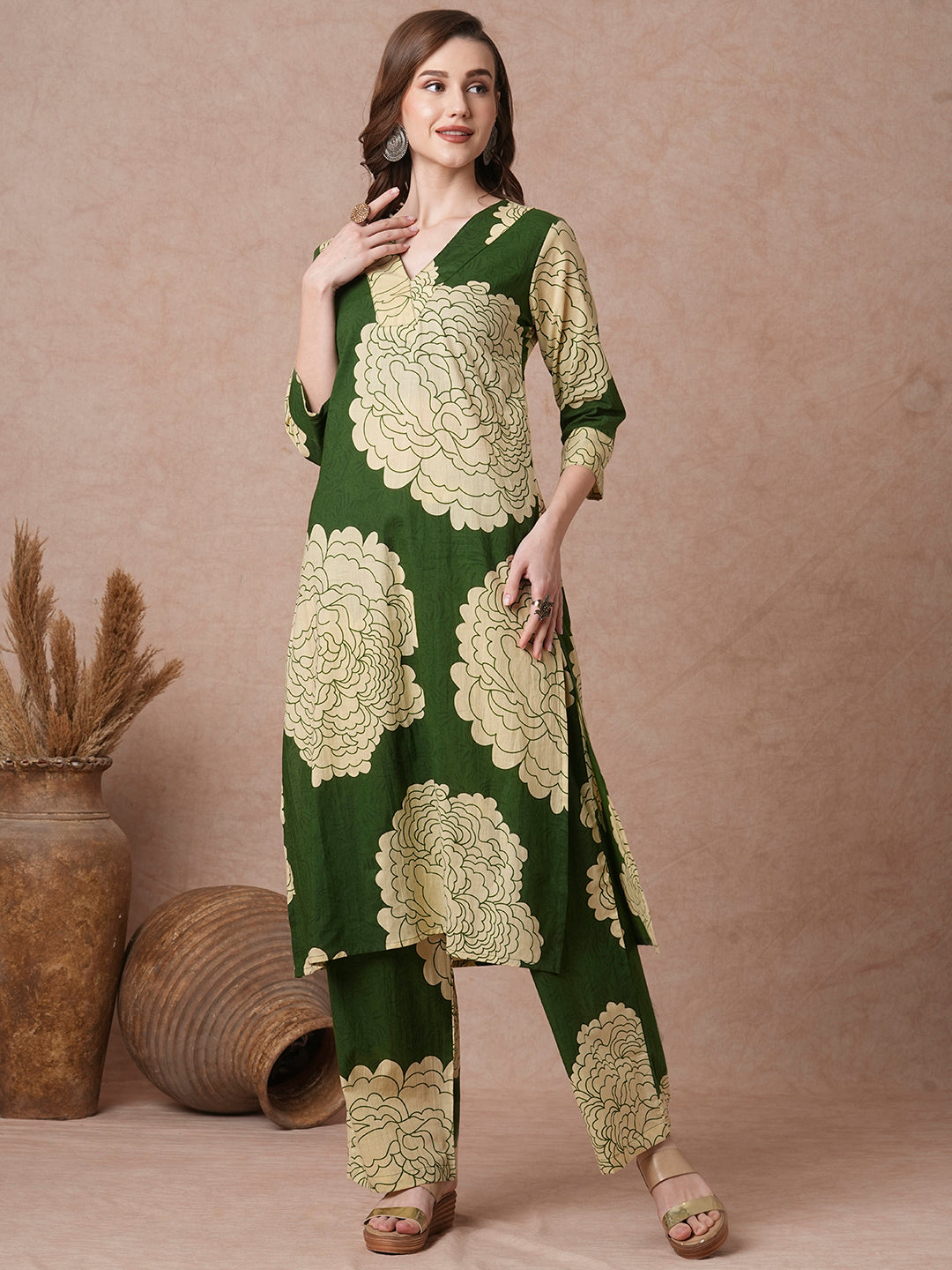 Abstract Floral Printed Straight Fit Co-ord Set - Green
