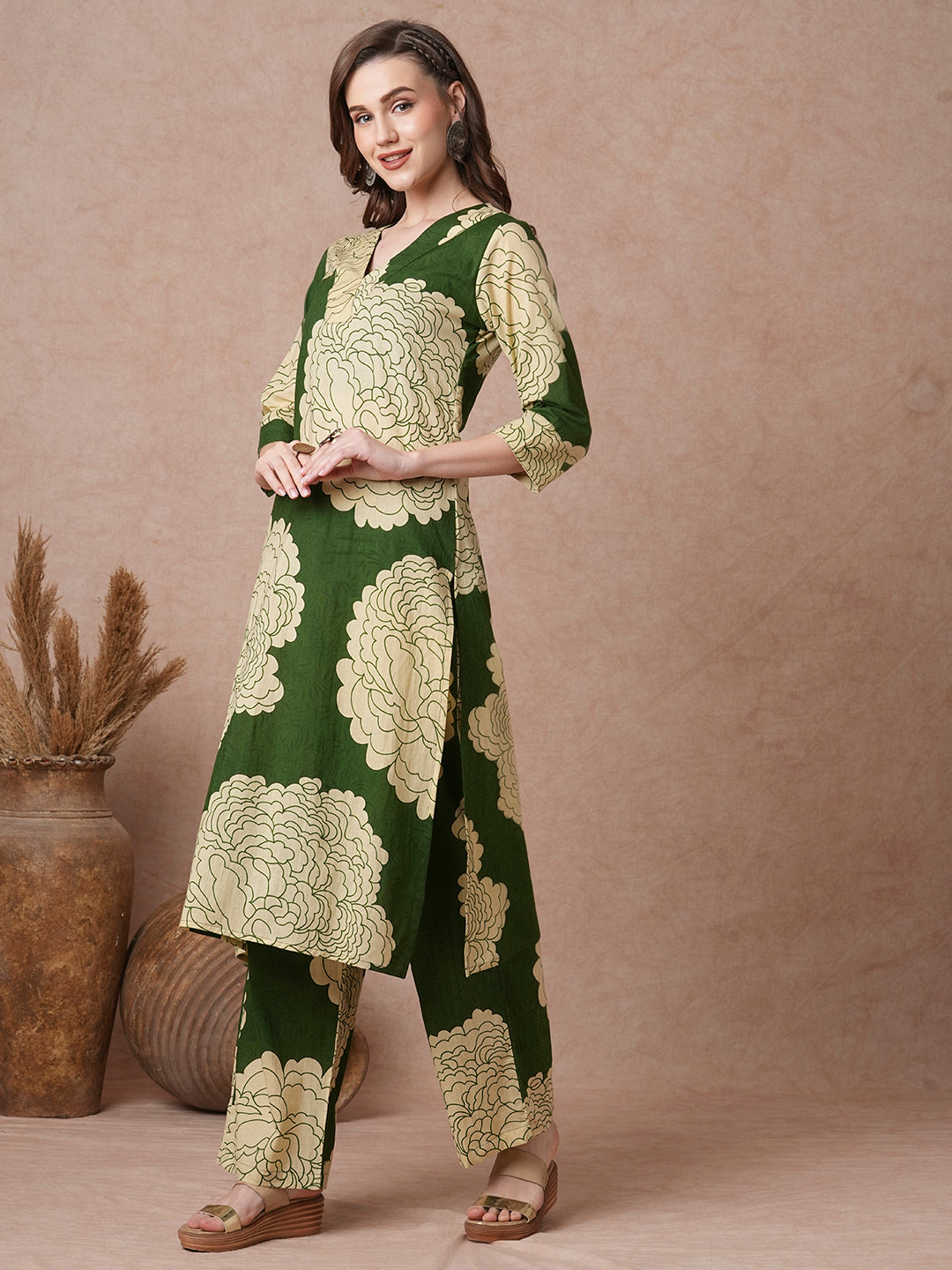 Abstract Floral Printed Straight Fit Co-ord Set - Green