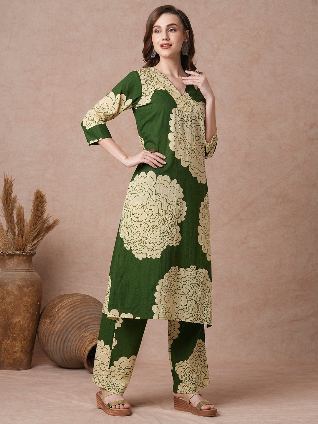 Abstract Floral Printed Straight Fit Co-ord Set - Green