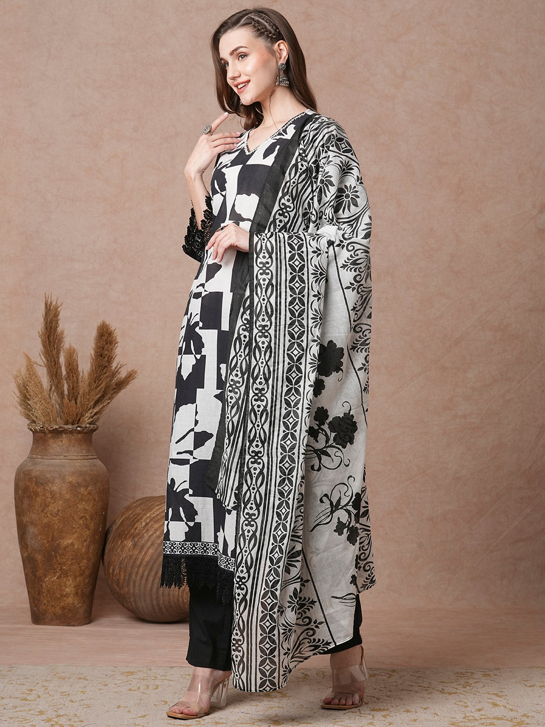 Abstract Printed & Embroidered Straight Fit Kurta with Pant and Dupatta - Multi