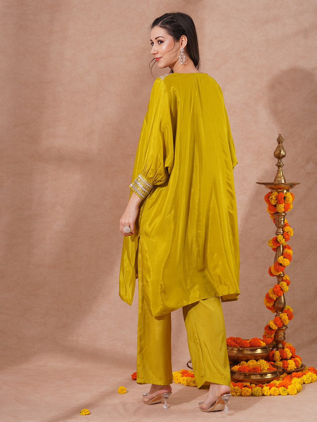 Solid Embroidered Kaftan Style Kurta with Pant - Lime Green
