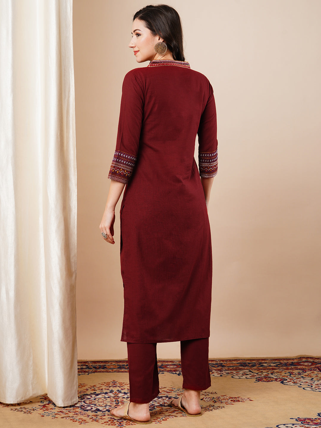 Solid Ethnic Embroidered Straight Kurta with Pant - Maroon