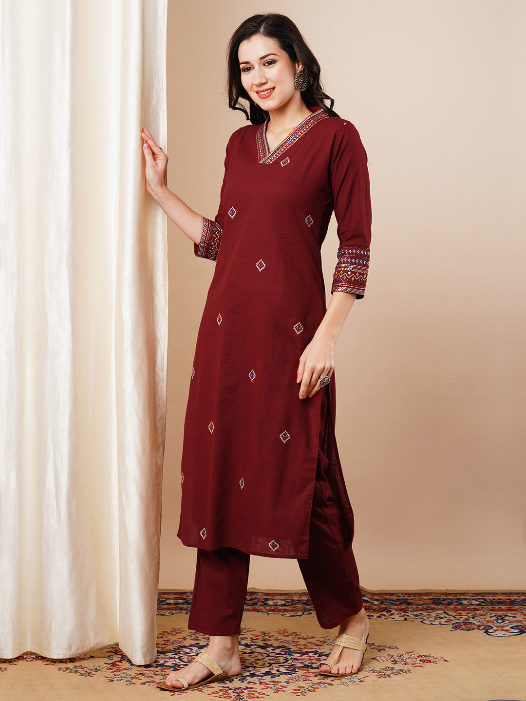 Solid Ethnic Embroidered Straight Kurta with Pant - Maroon
