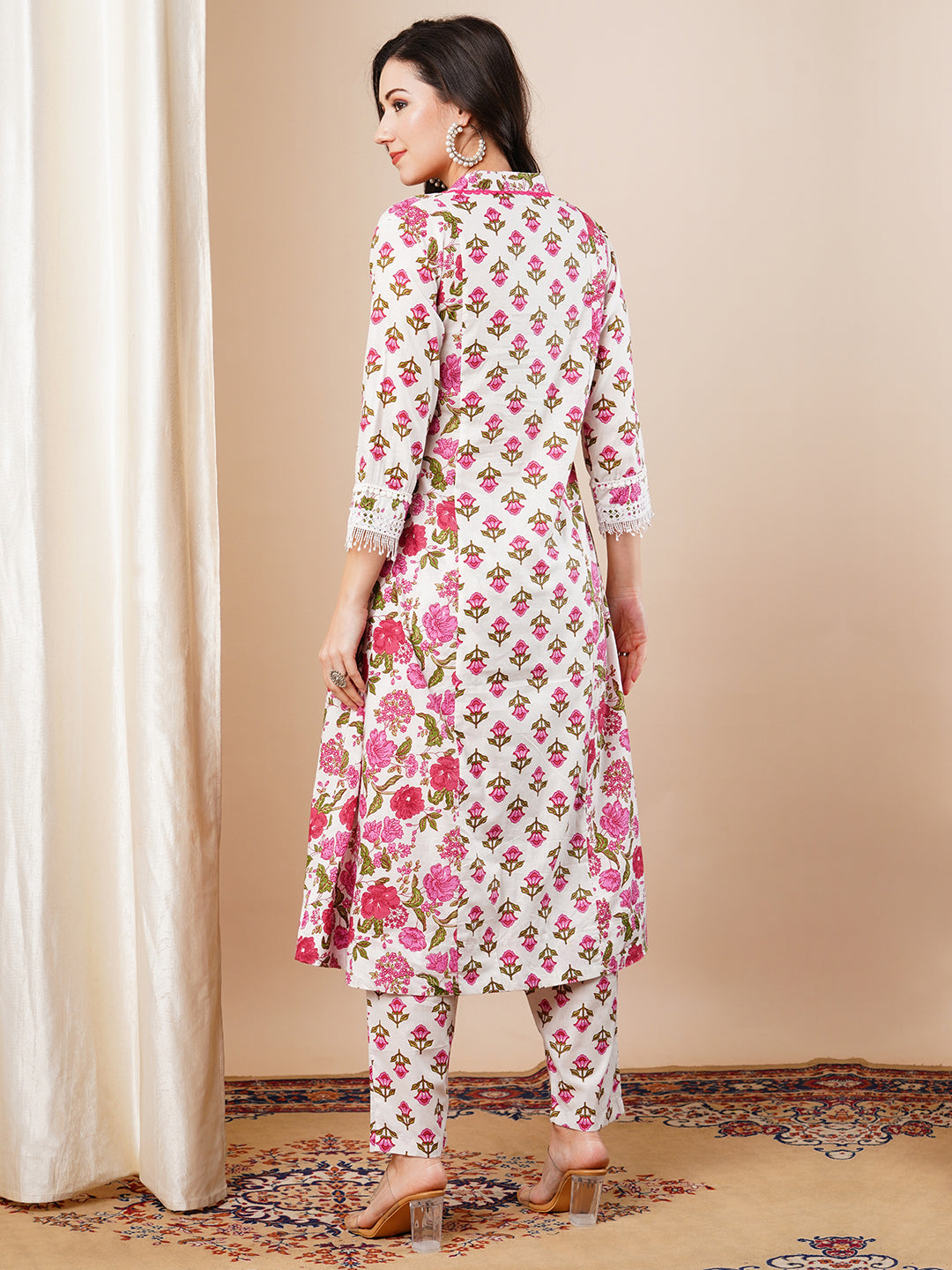 Ethnic Floral Printed Anarkali Flared Kurta with Pant - White