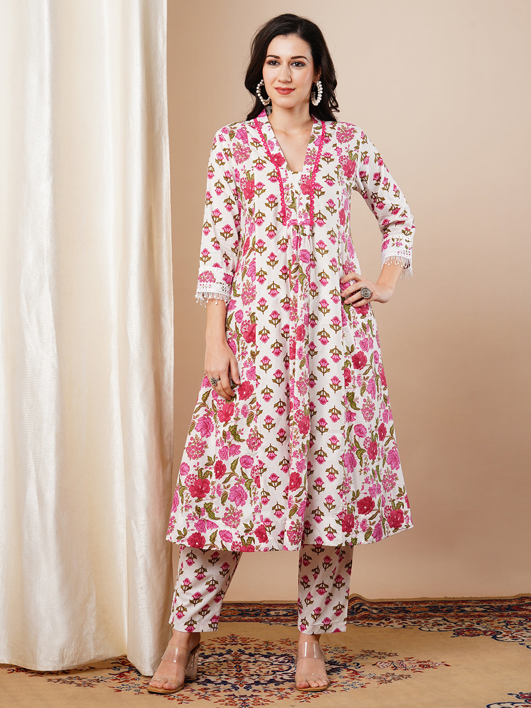 Ethnic Floral Printed Anarkali Flared Kurta with Pant - White