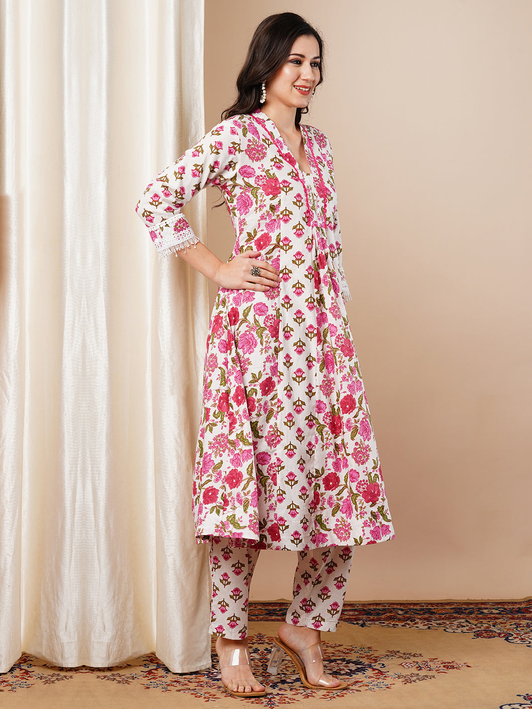 Ethnic Floral Printed Anarkali Flared Kurta with Pant - White