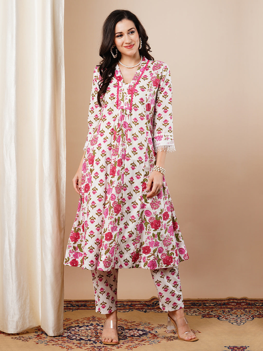 Ethnic Floral Printed Anarkali Flared Kurta with Pant - White