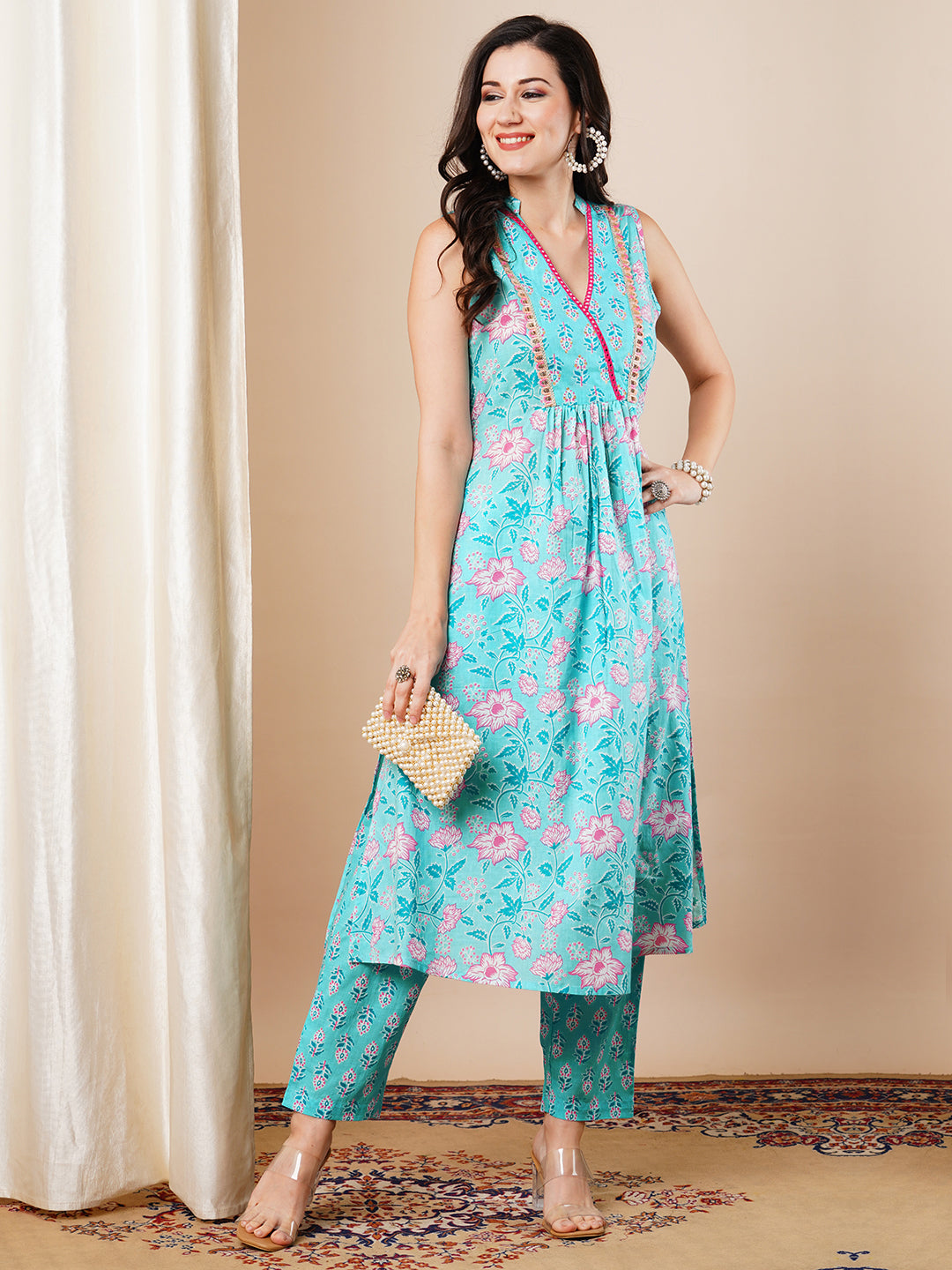 Ethnic Floral Printed & Embroidered A-Line Pleated Kurta with Pant - Blue