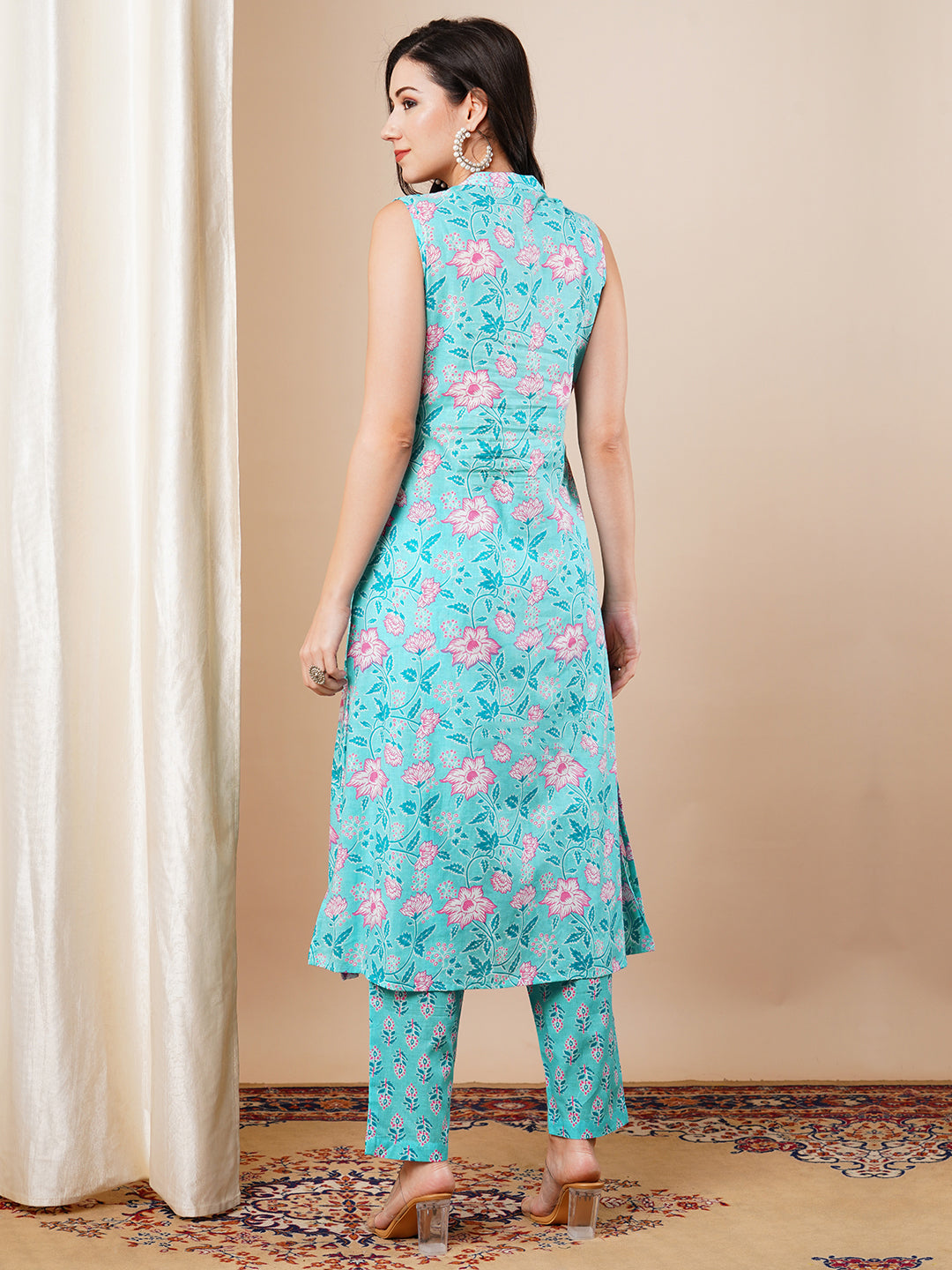 Ethnic Floral Printed & Embroidered A-Line Pleated Kurta with Pant - Blue