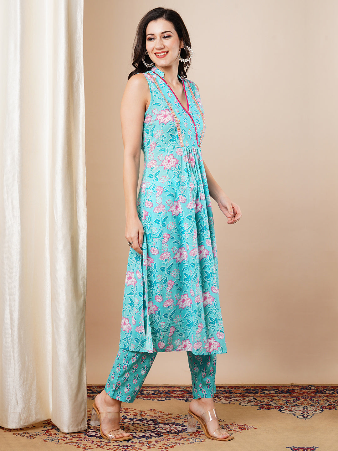 Ethnic Floral Printed & Embroidered A-Line Pleated Kurta with Pant - Blue
