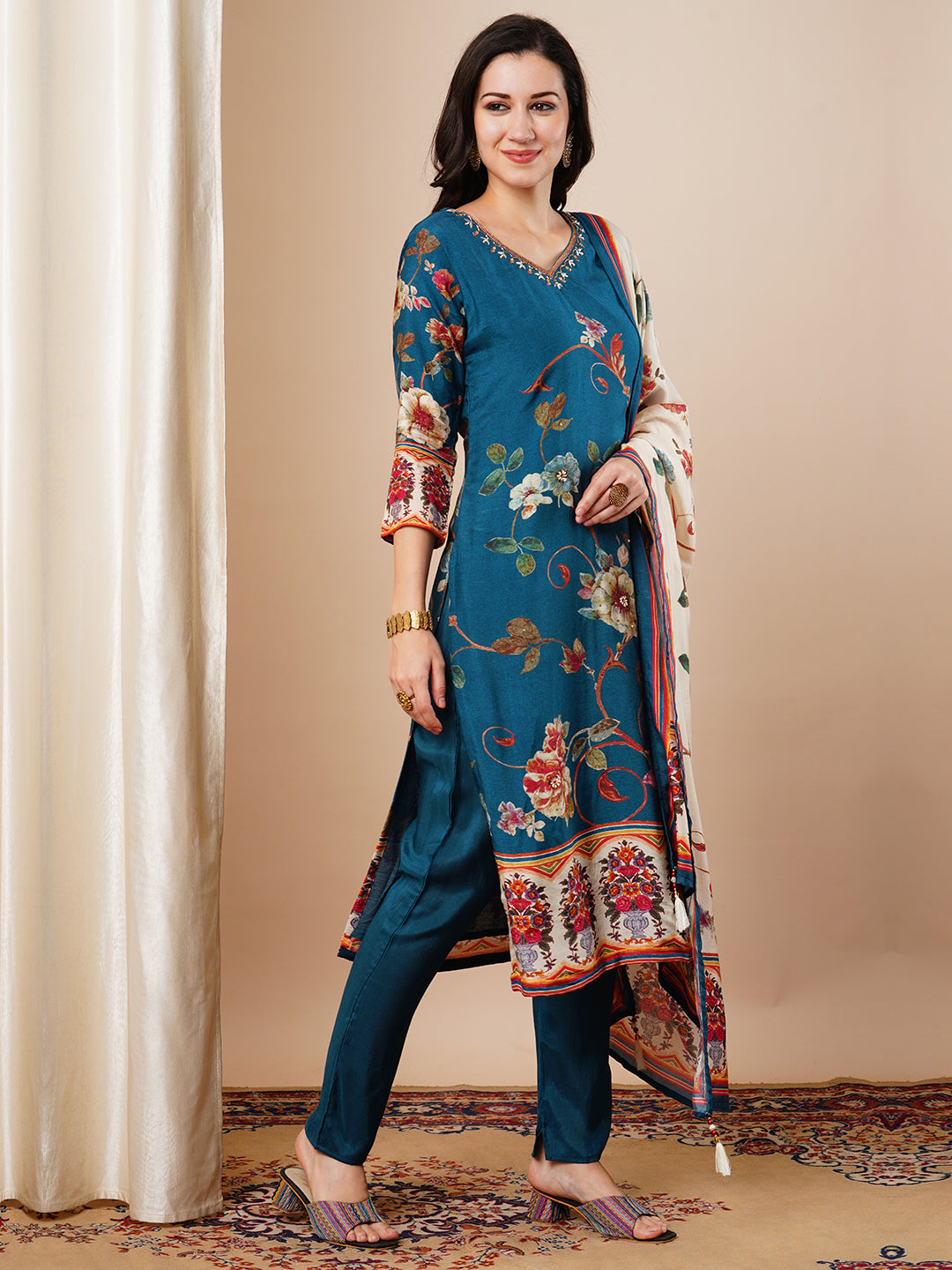 Floral Printed & Embroidered Straight Fit Kurta with Pant and Dupatta - Blue