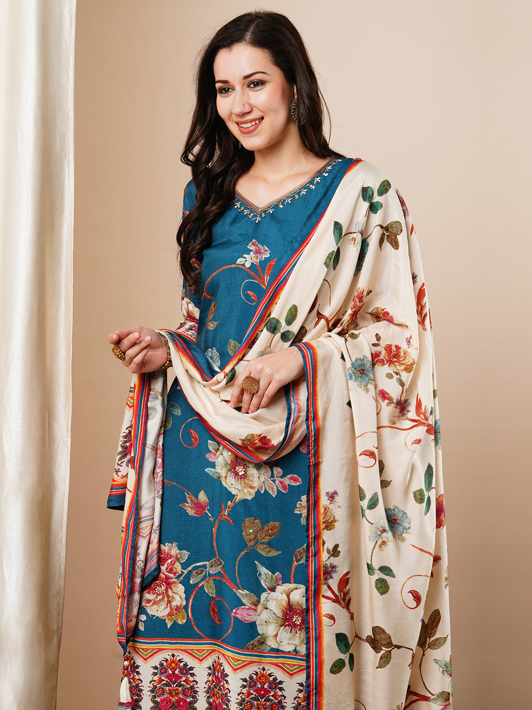 Floral Printed & Embroidered Straight Fit Kurta with Pant and Dupatta - Blue