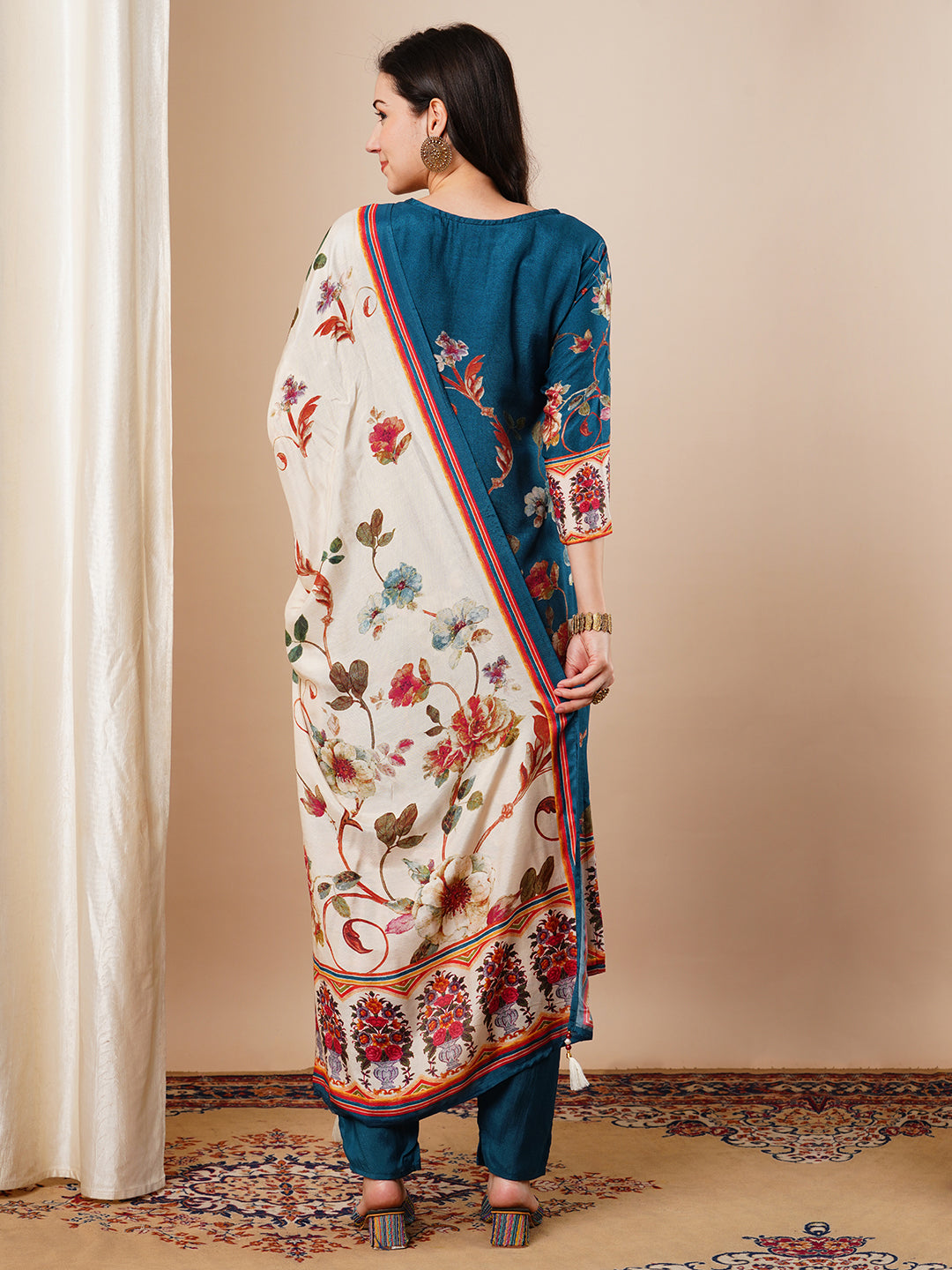 Floral Printed & Embroidered Straight Fit Kurta with Pant and Dupatta - Blue