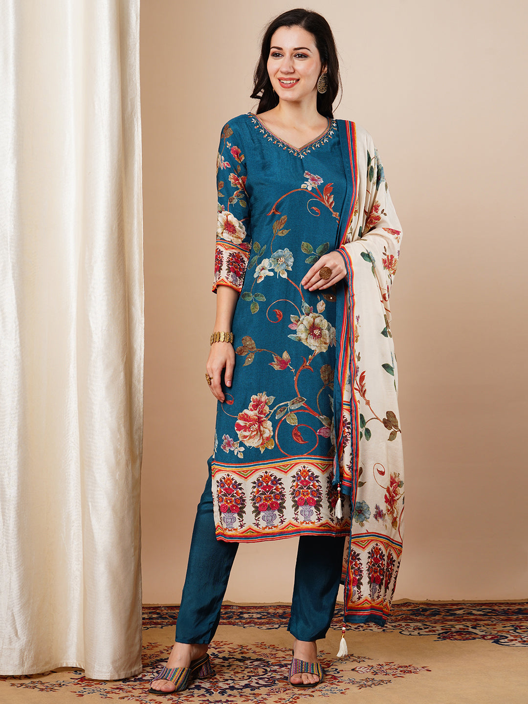 Floral Printed & Embroidered Straight Fit Kurta with Pant and Dupatta - Blue