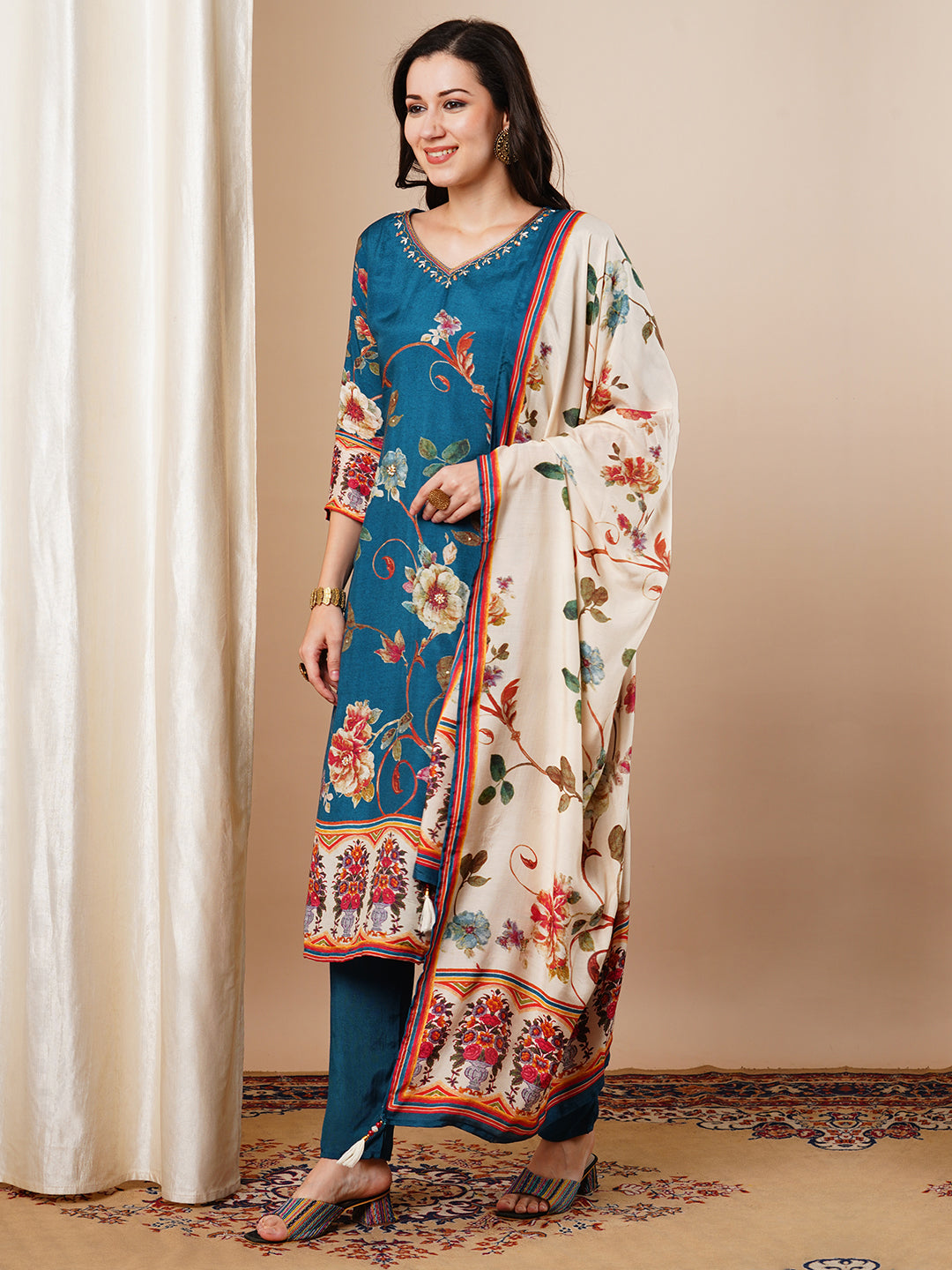 Floral Printed & Embroidered Straight Fit Kurta with Pant and Dupatta - Blue