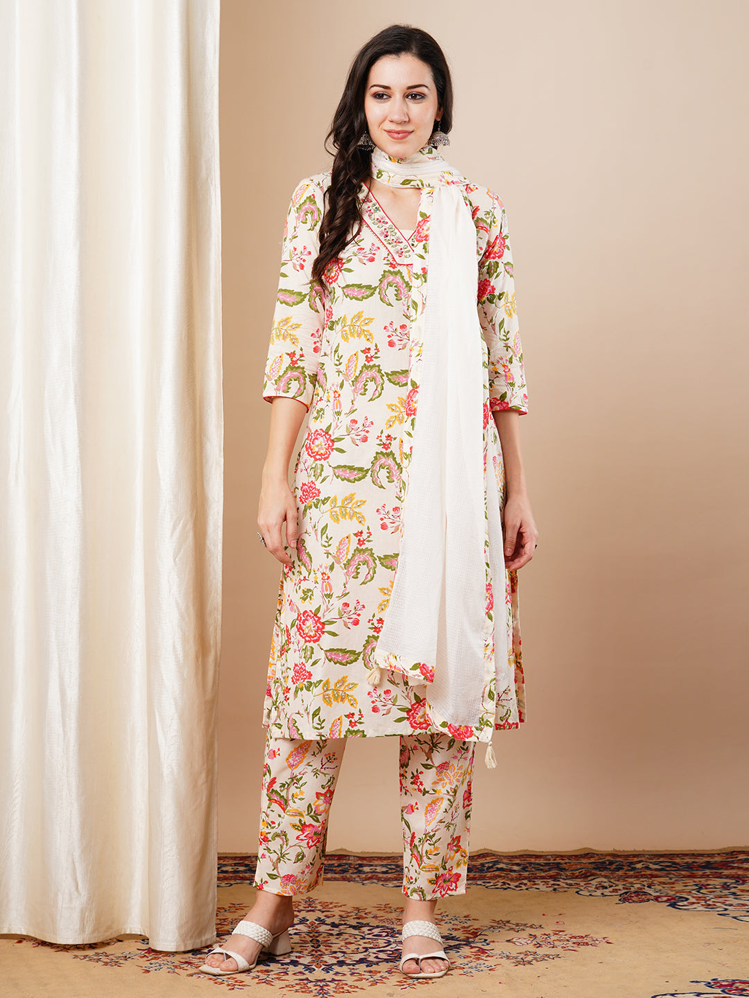 Floral Printed Embroidered Straight Fit Kurta with Pant & Dupatta - Cream