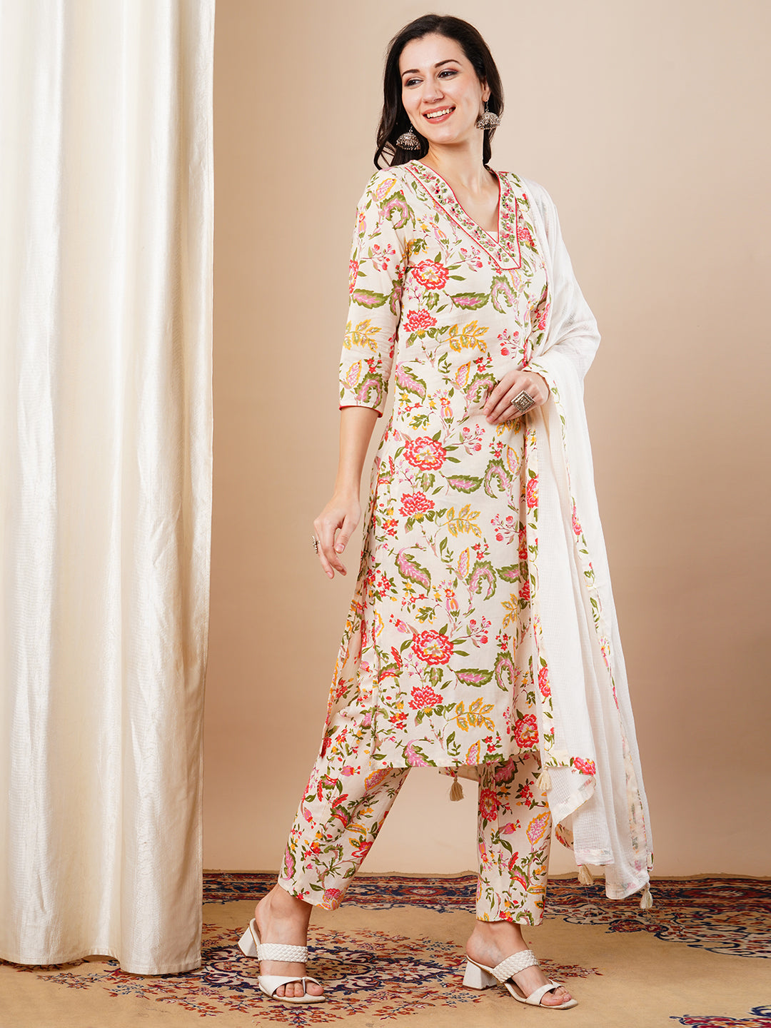 Floral Printed Embroidered Straight Fit Kurta with Pant & Dupatta - Cream
