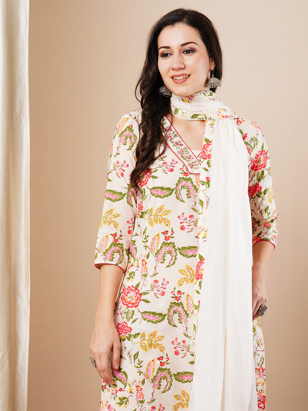 Floral Printed Embroidered Straight Fit Kurta with Pant & Dupatta - Cream