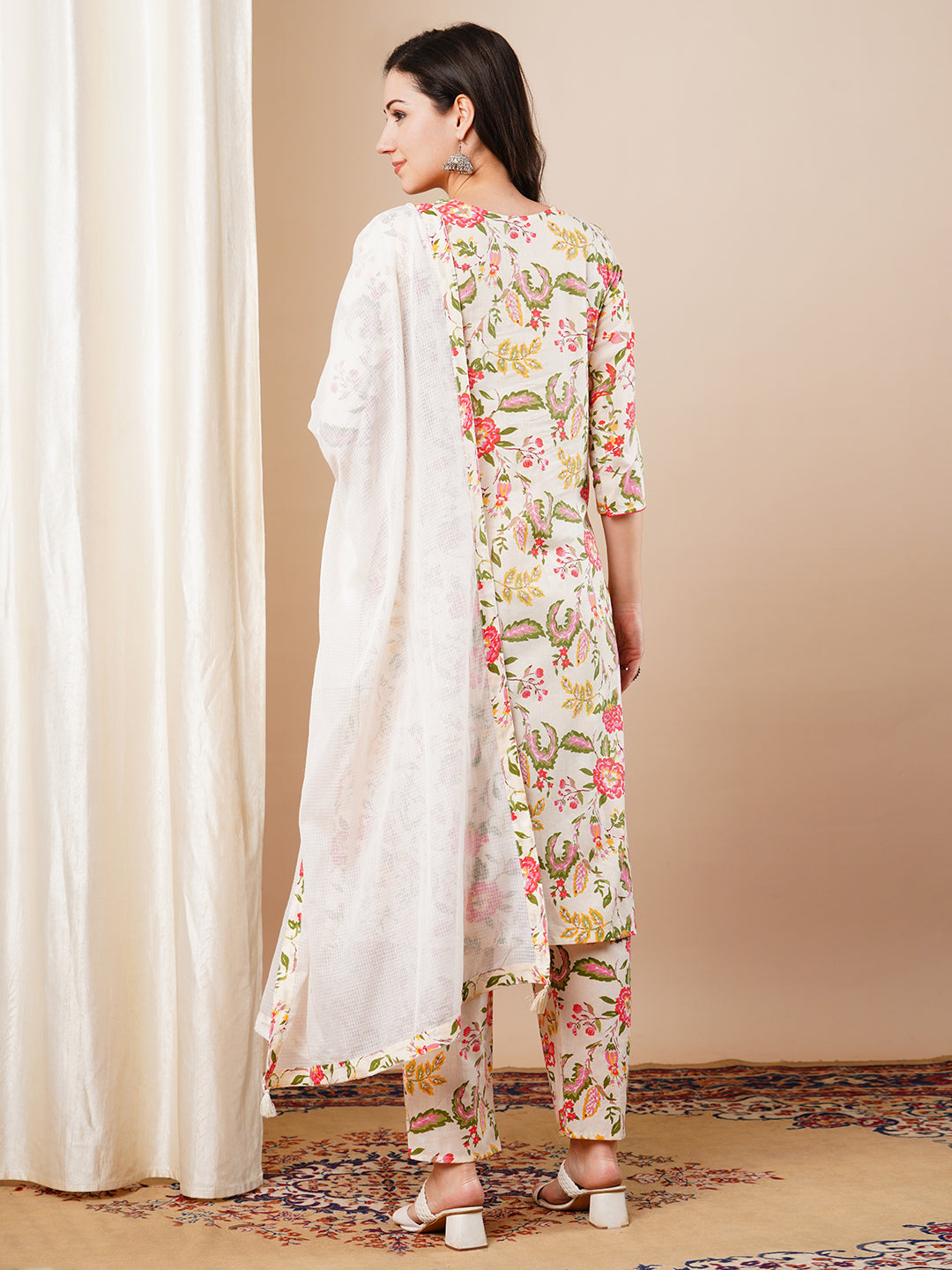 Floral Printed Embroidered Straight Fit Kurta with Pant & Dupatta - Cream
